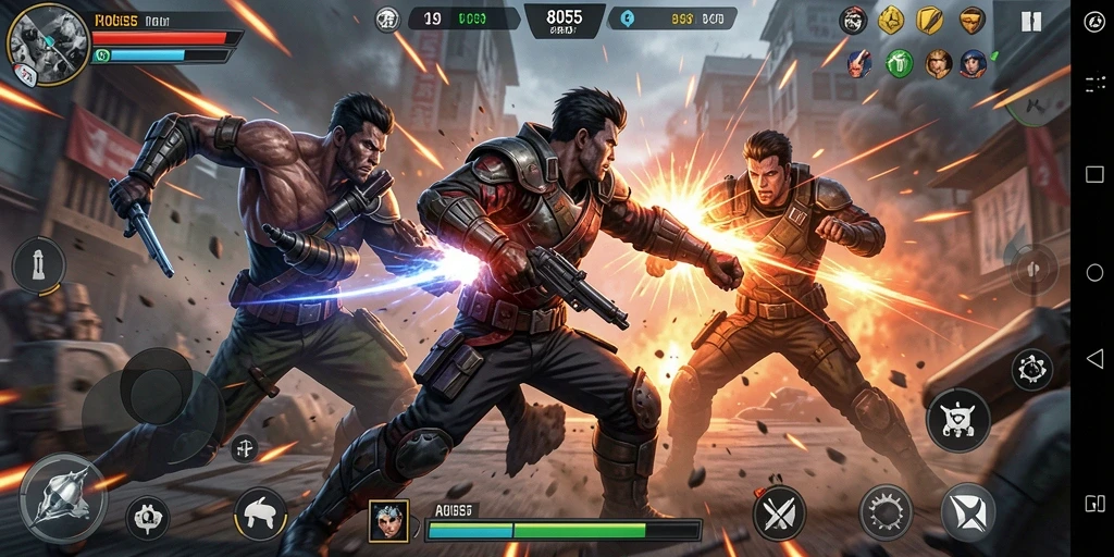 Screenshot gameplay 8055 dengan aksi pertarungan yang mengesankan.