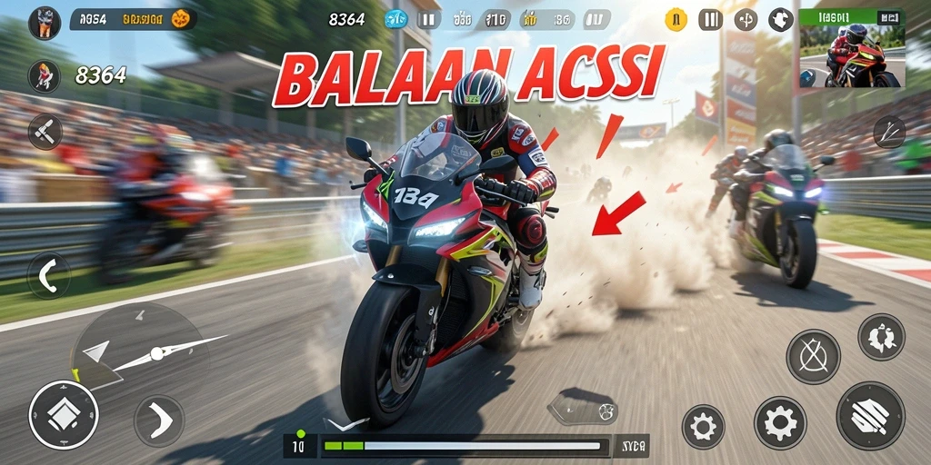Screenshot utama 8364 menampilkan aksi balapan motor yang intens.