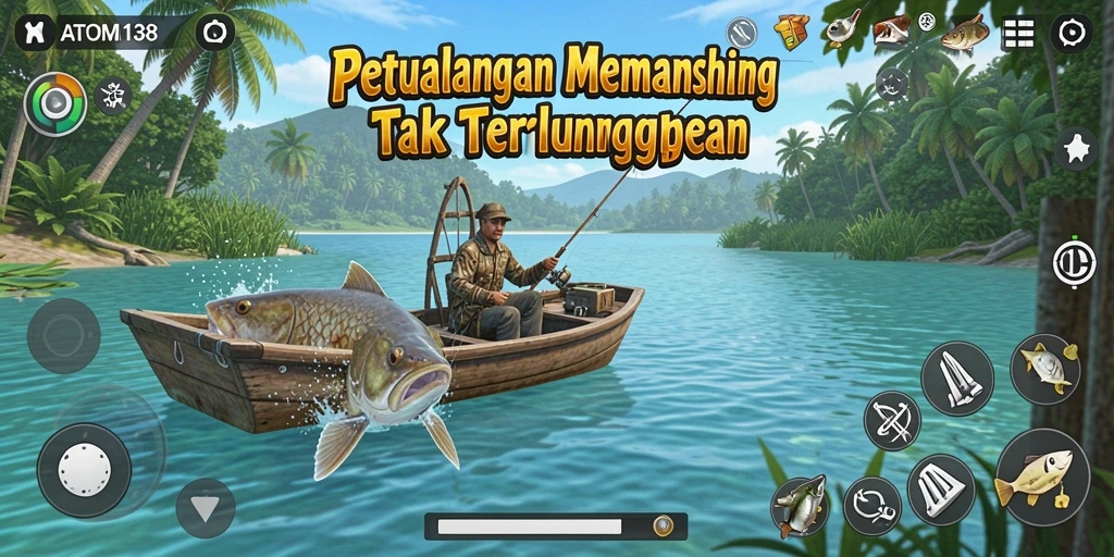 Screenshot gameplay ATOM138 menampilkan nelayan dengan latar belakang laut yang indah.