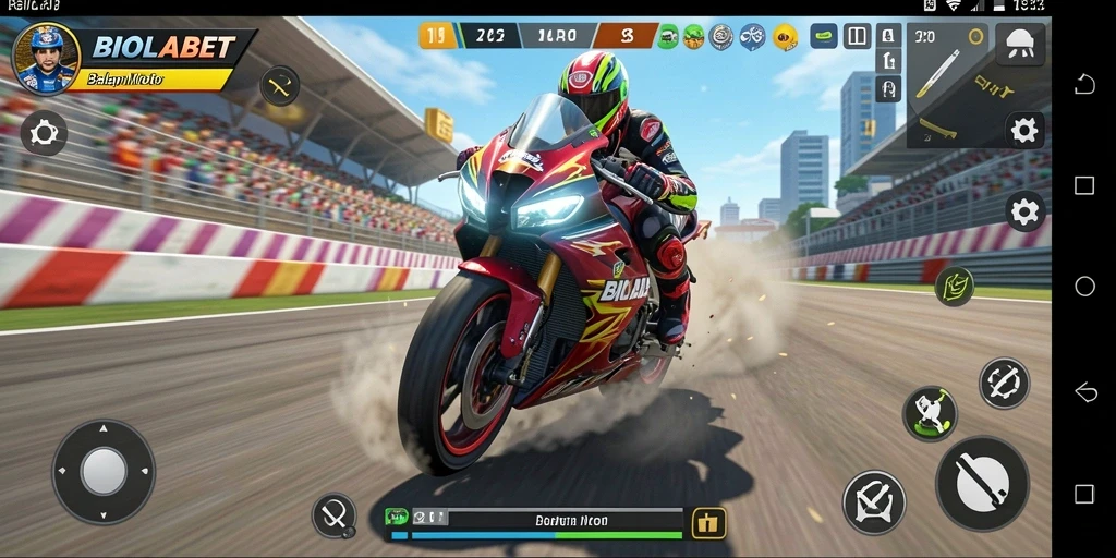Screenshot gameplay balap motor yang menampilkan aksi seru.