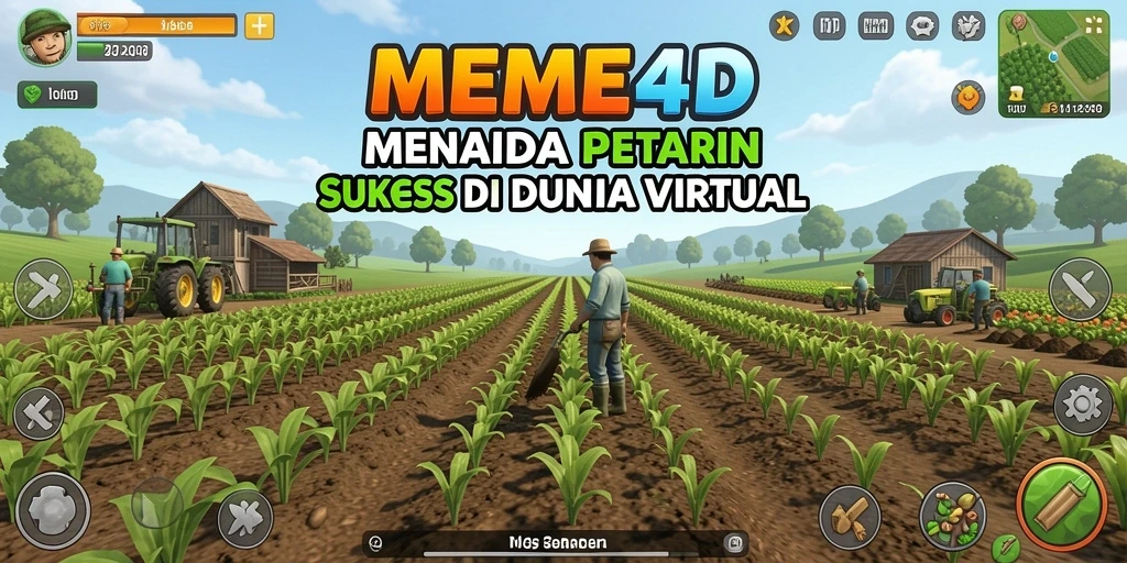 Tangkapan layar utama dari gameplay MEME4D menampilkan ladang yang subur dan aktivitas bertani.