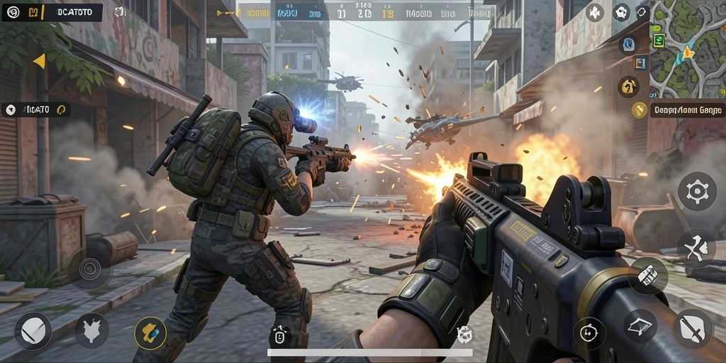 Tampilan gameplay OCATOTO yang memukau dengan aksi FPS yang intens.