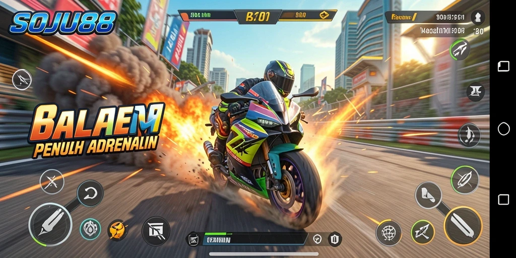 Screenshot gameplay SOJU88 menampilkan balapan motor yang seru dan mendebarkan.